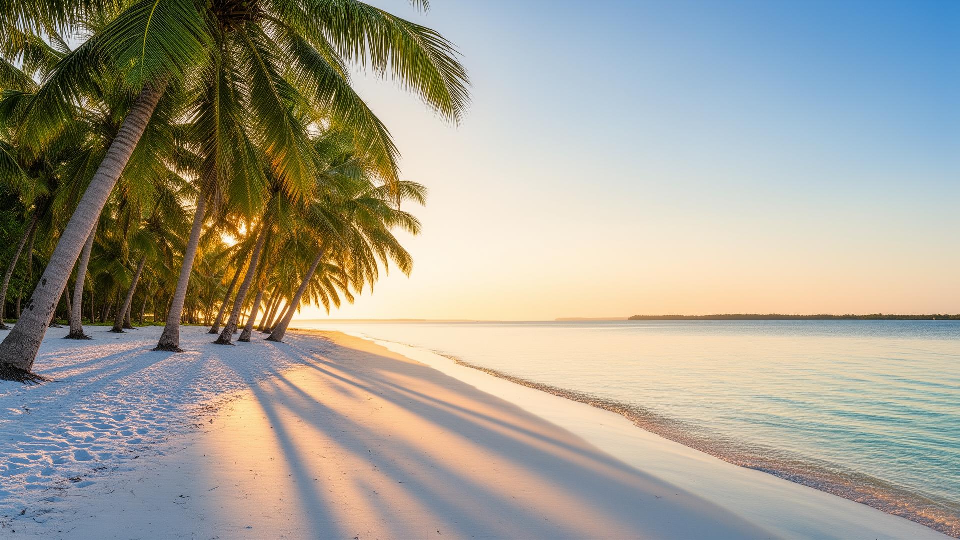 Dongtan Beach serene palm-lined shore at sunrise